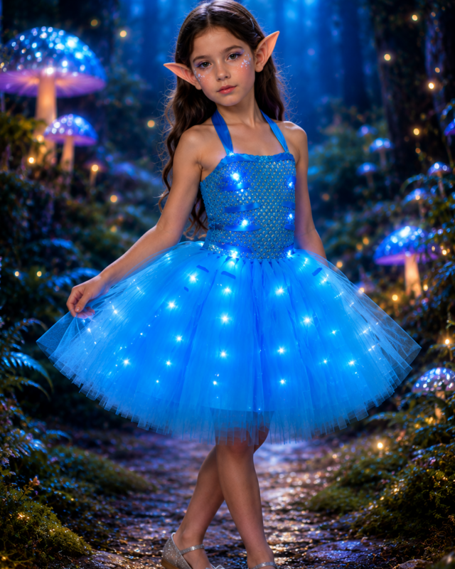 Girl wearing a bright blue Avatar-inspired LED tutu dress with glowing lights throughout the bodice and tulle skirt, paired with pointed fantasy elf ears.