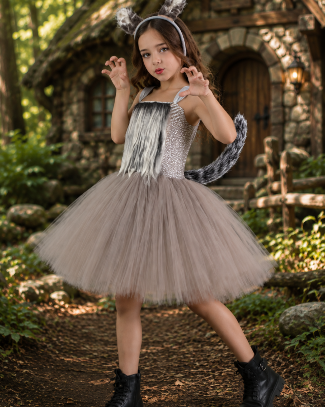 Girls Big Bad Wolf woodland tutu dress costume set with ears and tail