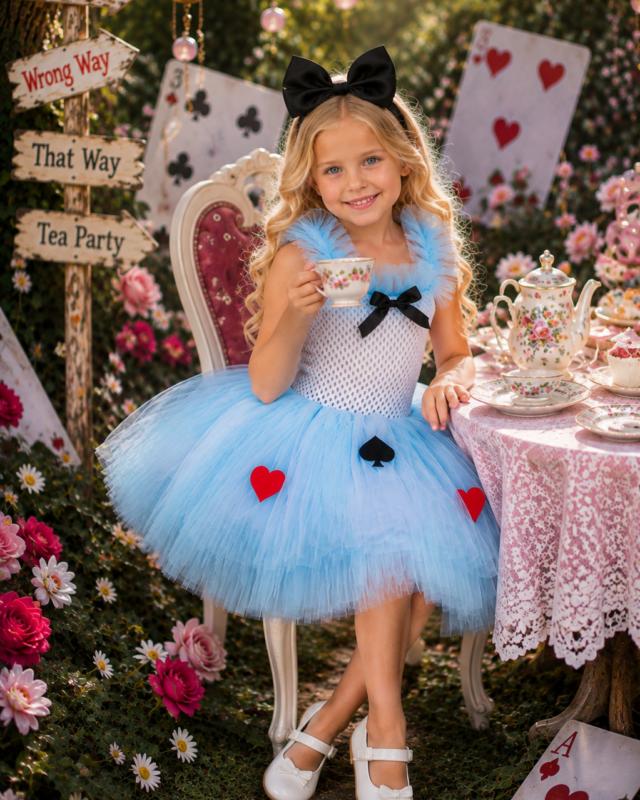Alice's Wonderland Tea Party Tutu Dress & Bow Headband Set