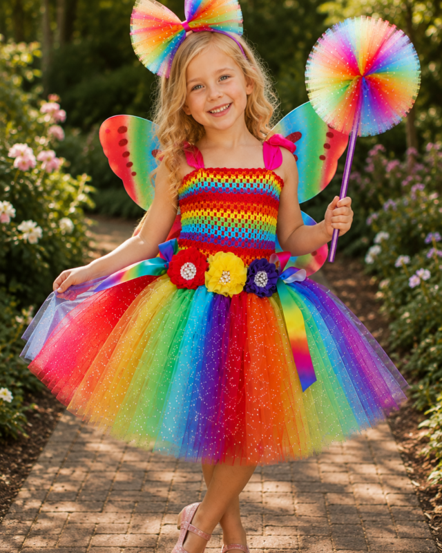 Rainbow Wishes Fairy Princess Tutu Dress, Wings & Wand Costume Set