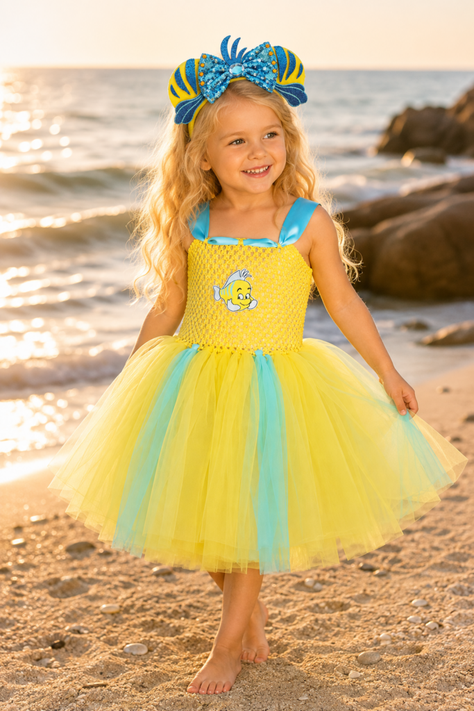 Flounder-inspired yellow and aqua tutu dress for girls with stretchy yellow bodice, layered tulle skirt, fish applique, and matching fish ear headband.
