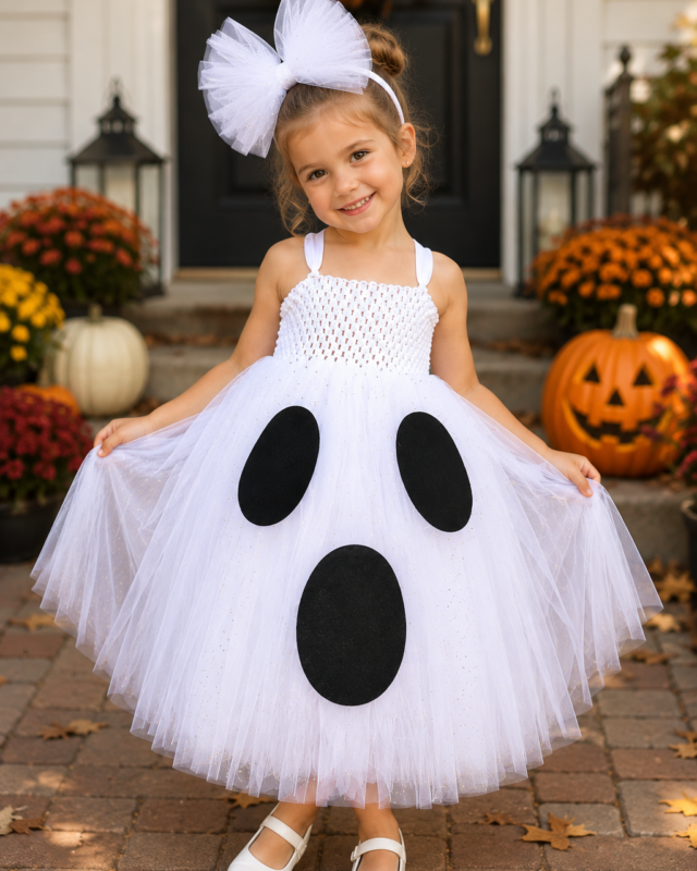 Girls ghost costume white sparkle tutu dress with matching bow headband