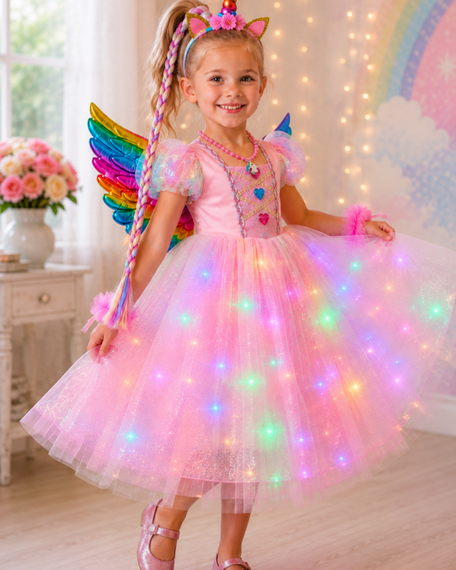 Girl wearing pink rainbow LED light up unicorn dress with colorful wings and unicorn horn headband