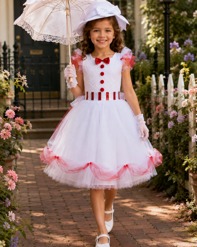 Jolly Holiday Mary Poppins Tutu Dress Set featuring a white and red tutu dress, matching hat, and delicate lace gloves.
