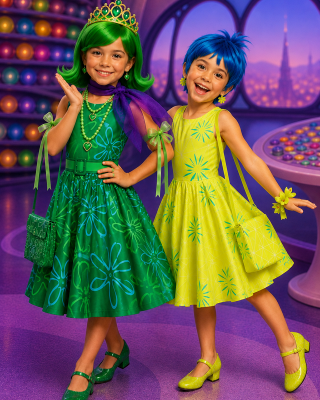 Joy and Disgust emotion-inspired costume sets for girls featuring colorful twirl dresses, character-style wigs, bags and coordinating dress-up accessories.