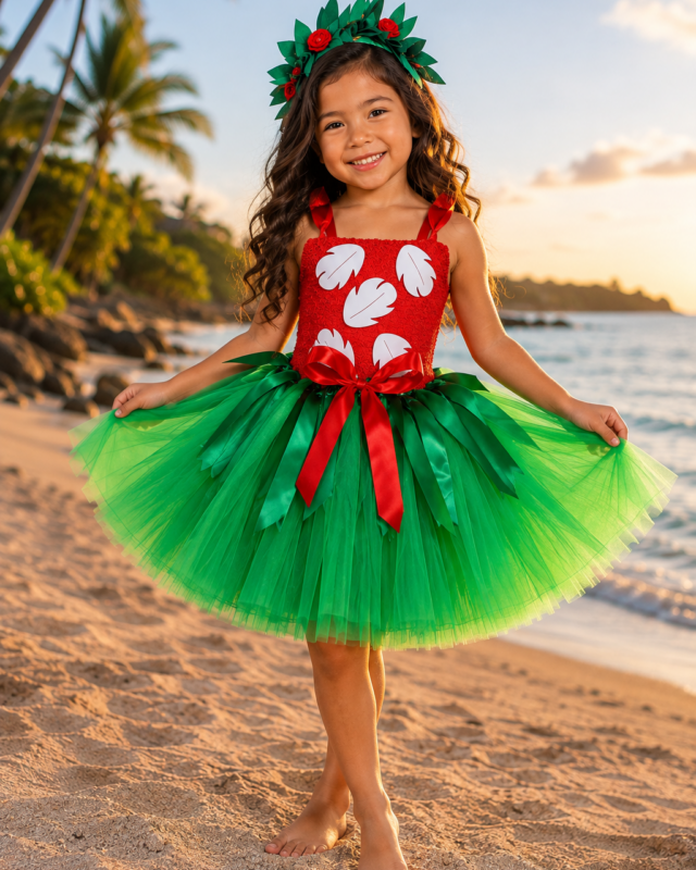 Lilo-inspired red and green tutu dress for girls with white leaf details, red satin bow, full green tulle skirt, and tropical flower headpiece.
