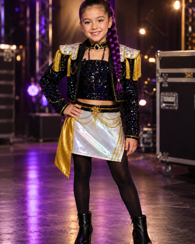 Girl wearing Rumi Demon Hunters black sequin pop star costume with holographic skirt and gold stage accessories
