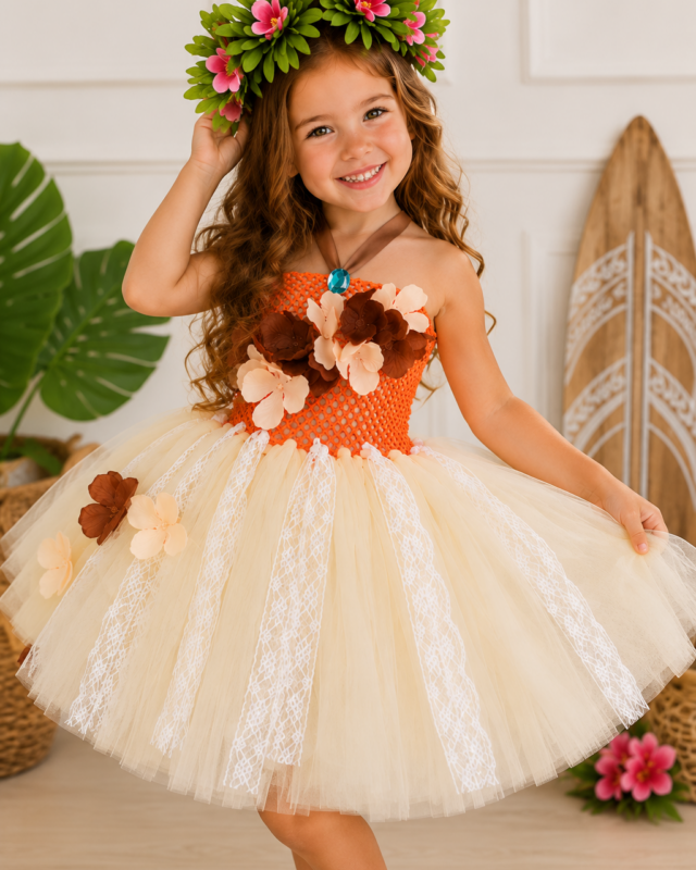 Moana-inspired orange and cream tutu dress for girls with floral applique details, lace tulle skirt, halter neckline, and tropical flower crown.