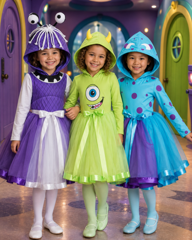 Monsters Inc costume dresses for girls in Boo Sulley and Mike styles