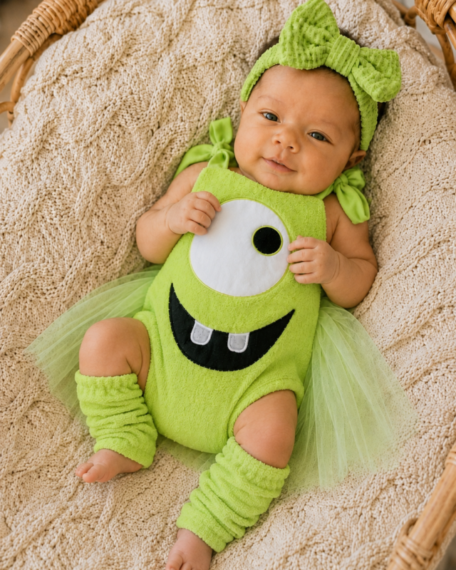Monsters Inc Mike Wazowski newborn green romper costume set with tutu bow headband and leg warmers