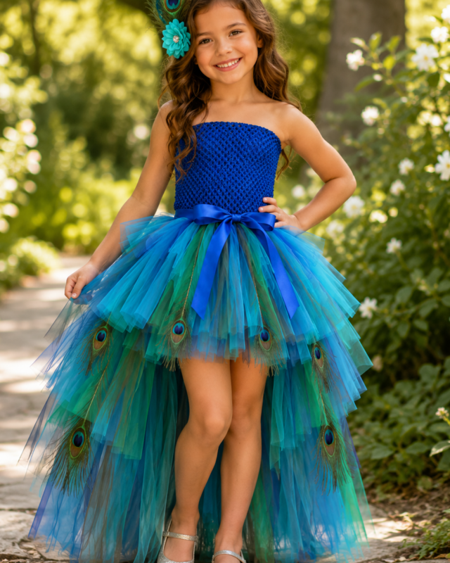 Girl wearing a royal blue peacock tutu dress with teal and emerald high-low tulle train, satin bow, peacock feather details, and matching feather hair clip.