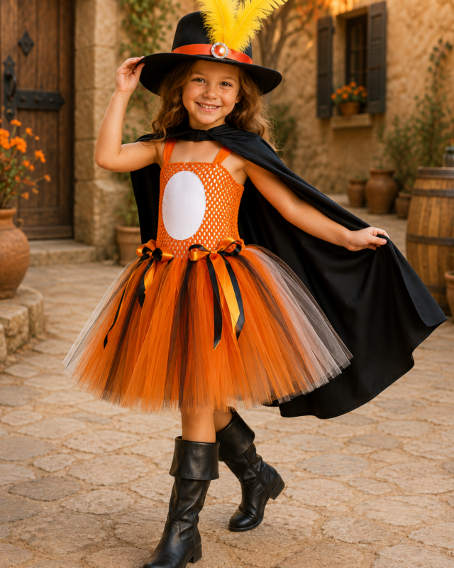Puss in Boots costume for girls with orange tutu dress black cape and feathered hat