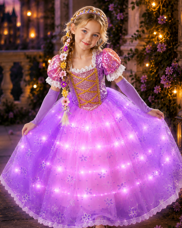 Rapunzel inspired LED light up purple princess dress with flower braid headband and matching arm sleeves for girls