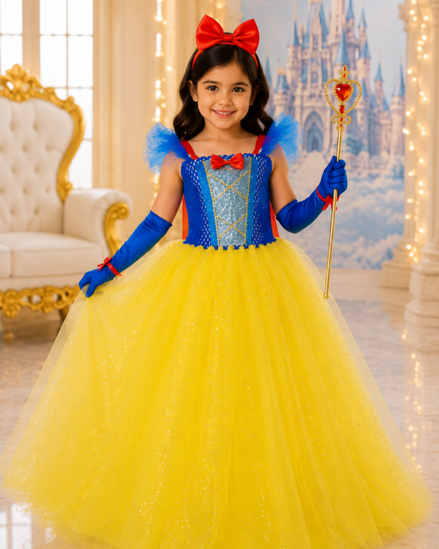 A young girl modeling a Snow White costume in a grand, castle-themed room. The costume features a bright yellow tulle skirt, a blue bodice with gold glitter details, blue gloves, a red bow headband, and a gold scepter.