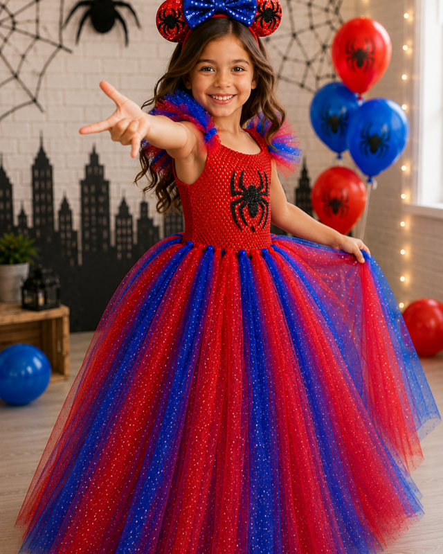 Girl wearing a red and blue Spider-Girl tutu dress with black spider detail, sparkly layered tulle skirt, and matching mouse ear headband with blue bow.