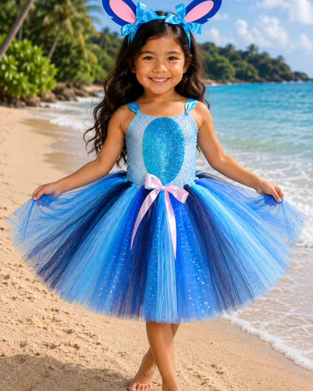 Stitch-inspired blue tutu dress for girls with sparkly bodice, layered blue and navy tulle skirt, pink bow, and oversized character ear headband.