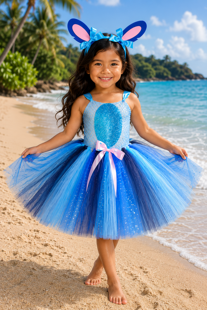 Stitch-inspired blue tutu dress for girls with sparkly bodice, layered blue and navy tulle skirt, pink bow, and oversized character ear headband.