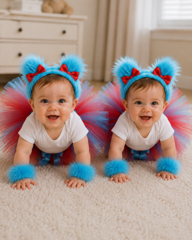 Thing 1 and Thing 2 inspired red and blue tutu costume set with furry blue headband and matching wrist cuffs for babies and girls.