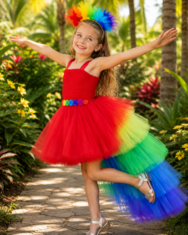 Girl wearing a red tropical macaw tutu dress with a dramatic rainbow high-low tulle train and matching colorful feather headband.