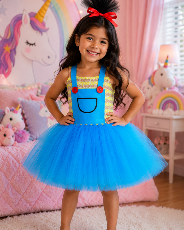 A young girl stands barefoot in a pink unicorn-themed bedroom, wearing a bright blue tutu dress with a yellow patterned bodice and blue overalls-style straps with red buttons.