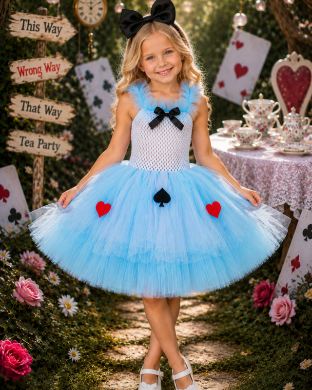 A young girl stands in a garden-themed setting wearing a light blue and white Alice in Wonderland-inspired tutu dress with black bows and red heart accents. The background features playing card signs, a clock, flowers, and a tea party setup.