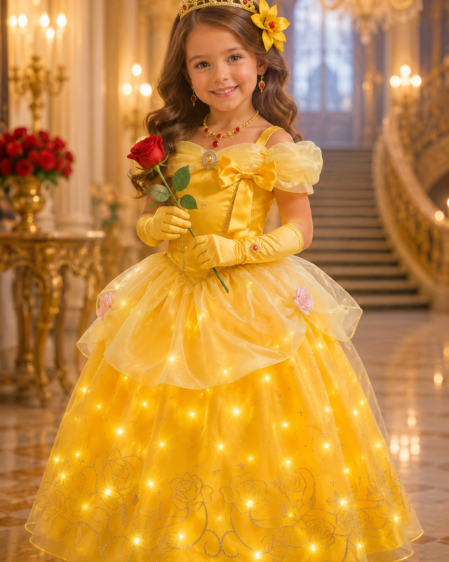 Belle LED light-up princess dress costume set with tiara wand gloves wig jewelry and rose