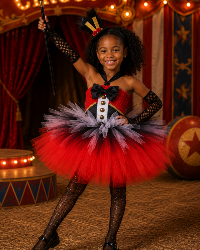 Girls ringmaster tutu costume with red black and white layered tulle dress and mini top hat headband