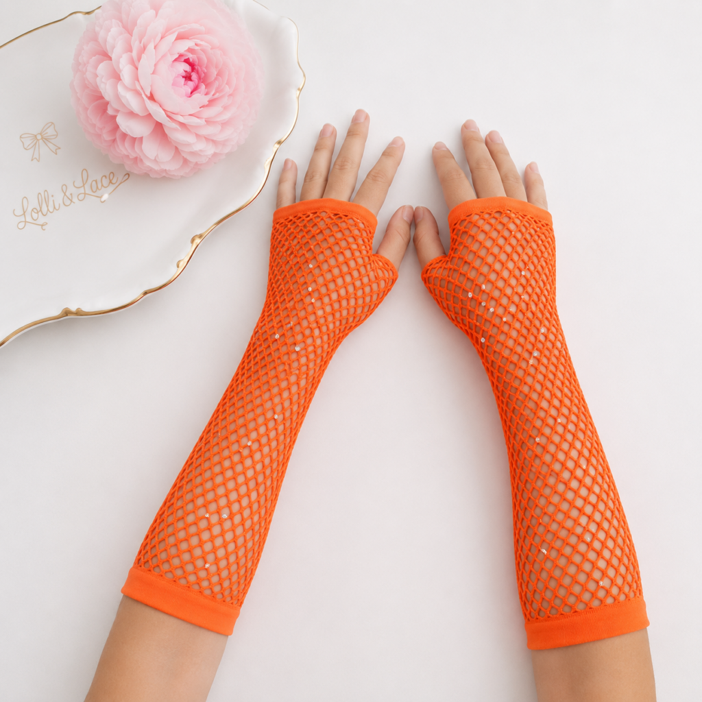 Bright Orange Sparkle Rhinestone Fishnet Fingerless Gloves for Girls