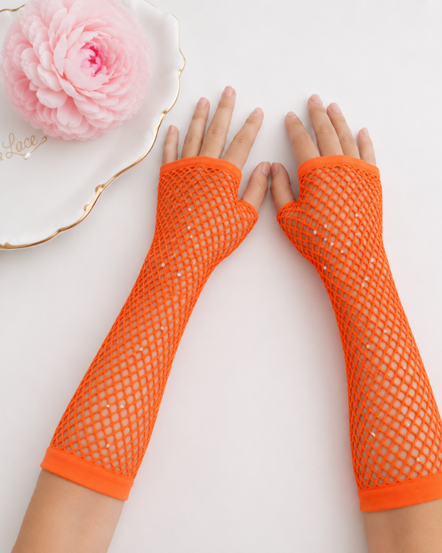 Bright Orange Sparkle Rhinestone Fishnet Fingerless Gloves for Girls