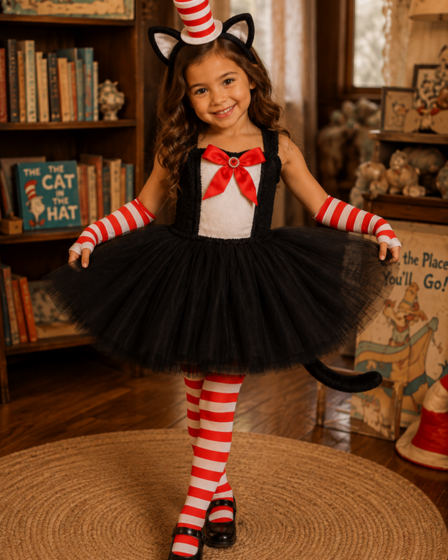 A young girl modeling a Cat in the Hat costume in a cozy, book-filled room. The costume includes a black tulle tutu, a white top with a red bow, red and white striped arm warmers and tights, a red and white striped hat with cat ears, and a black tail.