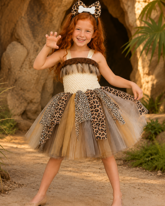 Caveman costume for girls with leopard tutu dress and bone bow headband
