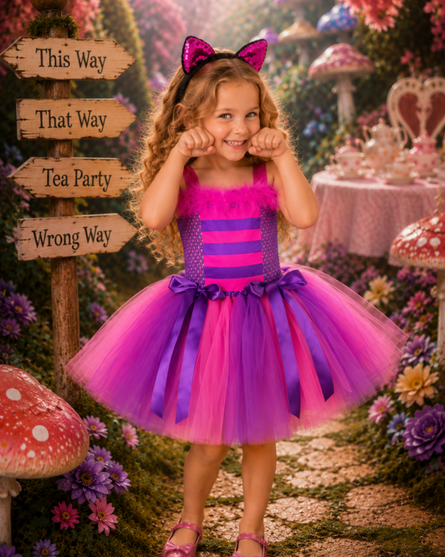 A young girl stands in a whimsical, fairy-tale garden setting wearing a pink and purple tutu dress with a matching headband. The scene includes mushroom props, directional wooden signs reading 'This Way', 'That Way', 'Tea Party', and 'Wrong Way', and a tea-time table in the background.