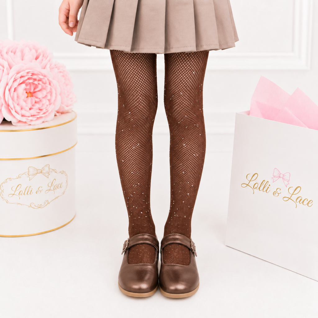 Chocolate Brown Sparkle Rhinestone Fishnet Tights for Girls
