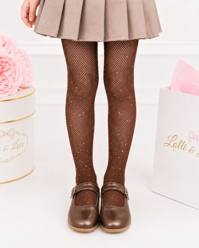 Chocolate Brown Sparkle Rhinestone Fishnet Tights for Girls