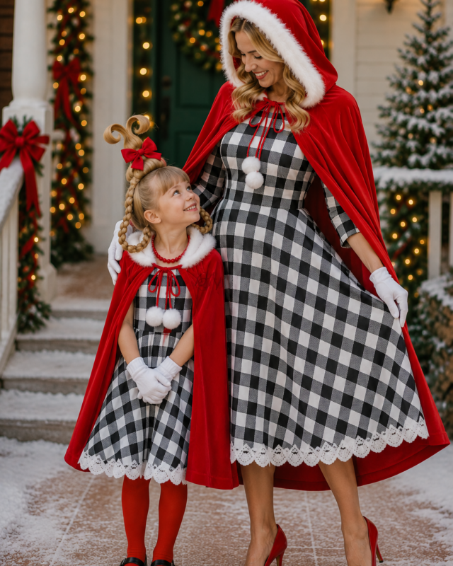 Cindy Lou inspired Mommy and Me Christmas costume with matching checkered dresses and red hooded capes