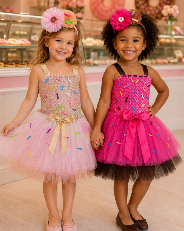 Two young girls wearing colorful tutu dresses with sprinkle details, standing in a donut shop and holding hands. One dress is light pink with a gold glittery bodice, and the other is bright pink with a black bodice.