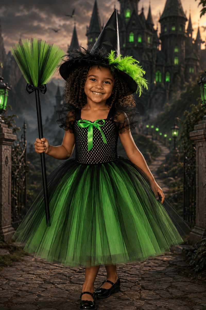 Elphaba Emerald Enchantment Tutu Dress Witch Hat Wand Set