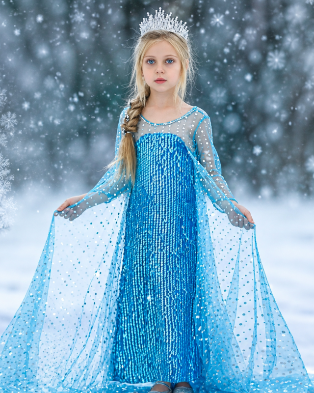 A young girl dressed as Elsa stands in a snowy outdoor setting wearing a sparkling blue gown with a matching tiara.