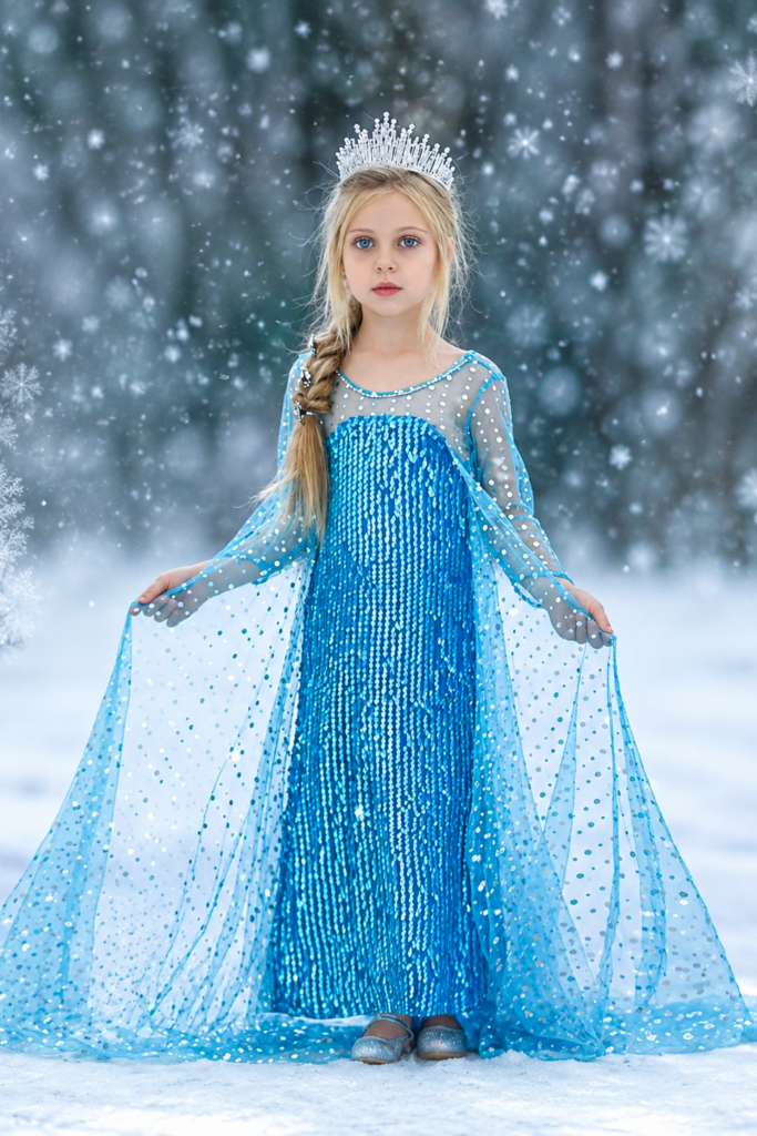 A young girl dressed as Elsa stands in a snowy outdoor setting wearing a sparkling blue gown with a matching tiara.