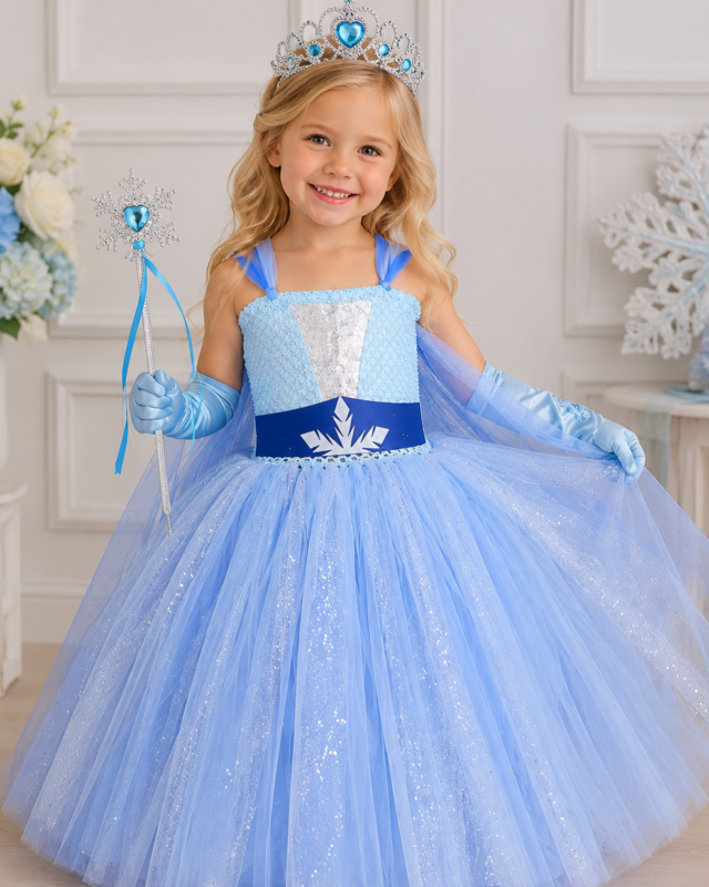 A young girl wearing a light blue and royal blue princess dress with a tiara, gloves, and a wand, standing in a decorated indoor room.