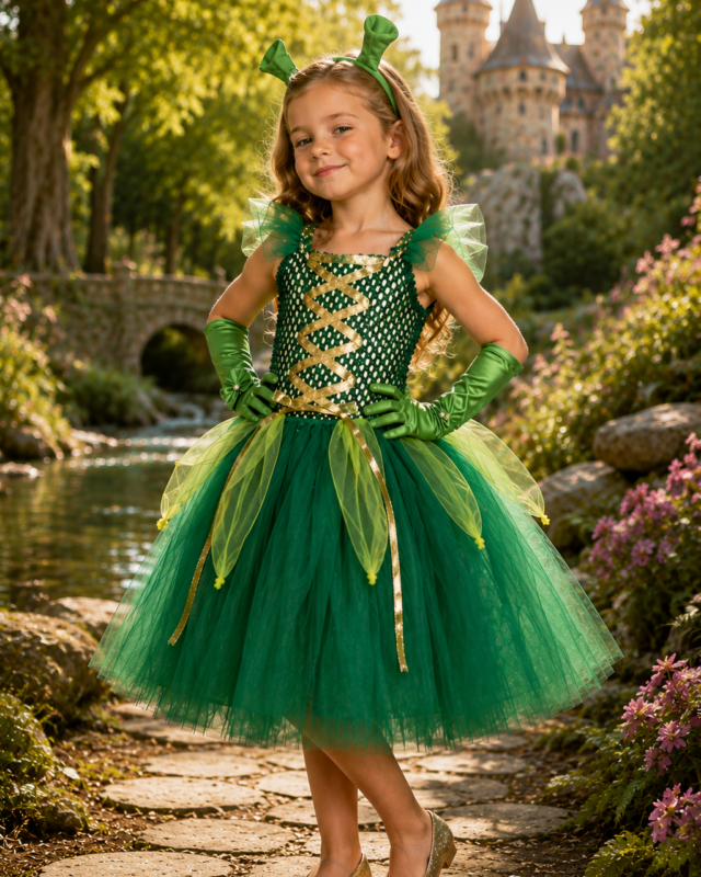 A young girl modeling a ogre-inspired costume in an outdoor garden setting with a stone bridge, water, and a castle in the background.