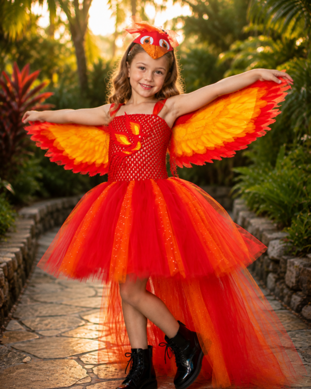 Fire Phoenix Rising Tutu Dress & Wings Costume Set