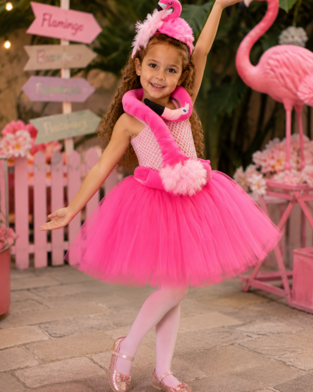 Girls pink flamingo tutu dress costume with flamingo headband and plush flamingo details