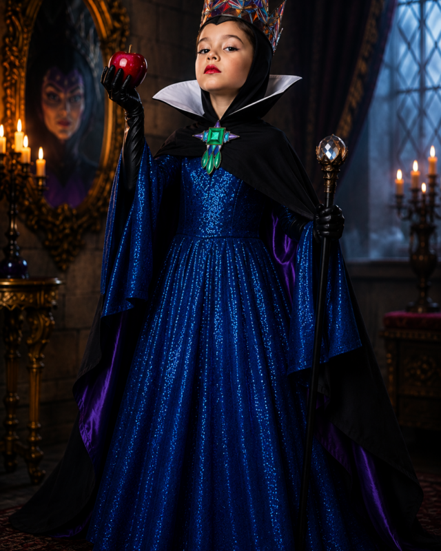 Evil Queen costume accessories with jeweled crown, black gloves, royal staff and red apple