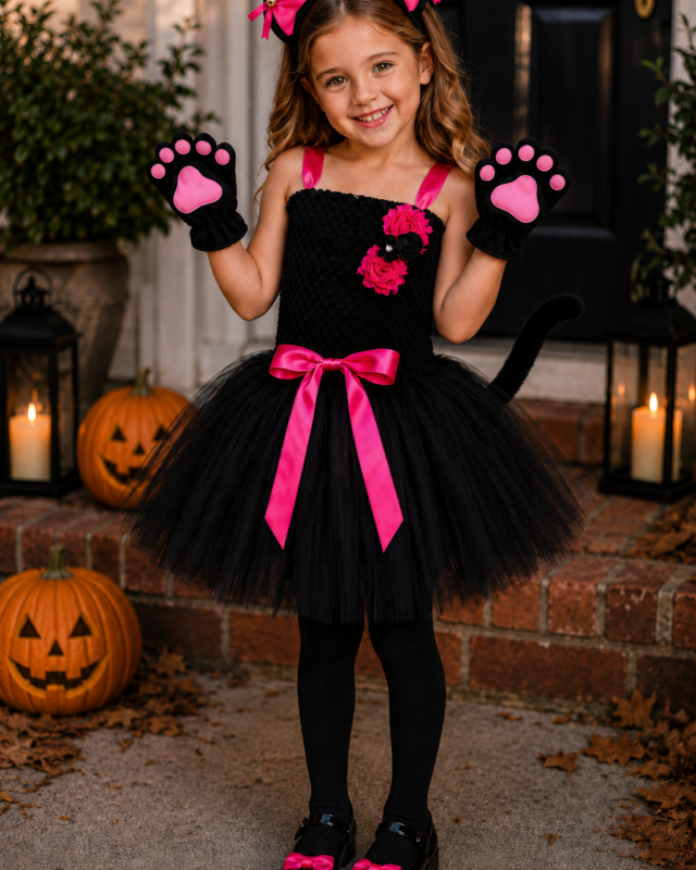 Pretty Kitty black cat tutu costume for girls with cat ears, bowtie, tail and paw gloves