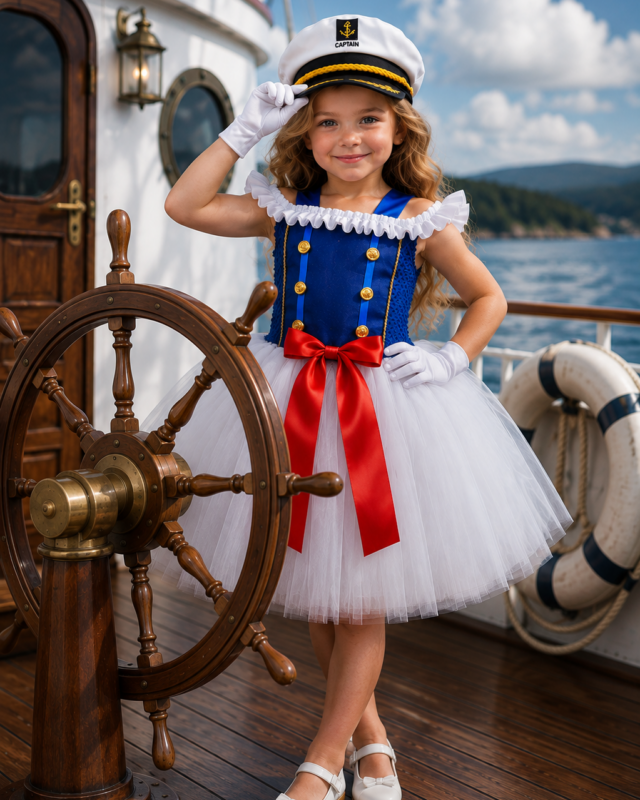 A young girl in a nautical-themed costume stands on a wooden ship deck next to a ship's wheel. The costume includes a white sailor hat with gold and black trim, a blue and gold corset-style top with a white ruffled collar, a white tulle skirt, and a red sash with a white bow.