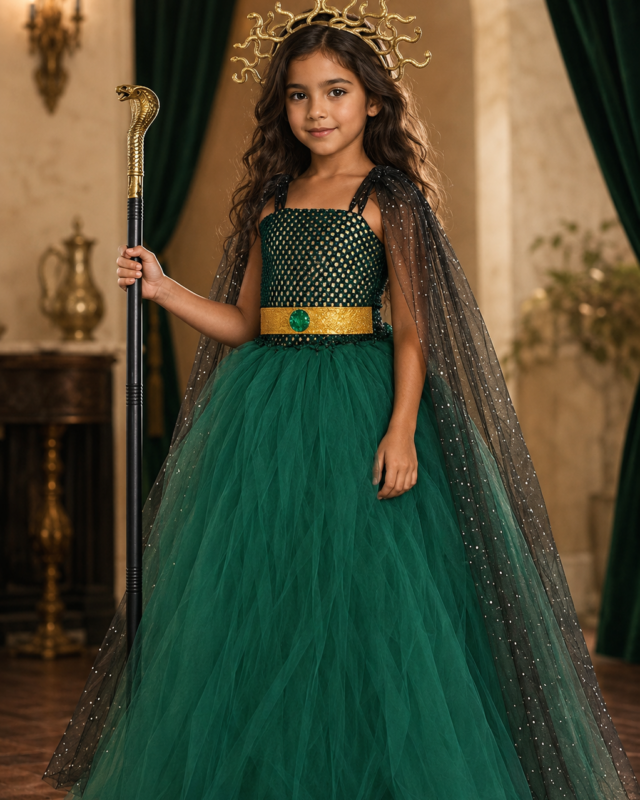 A young girl wearing a green and black tulle princess dress with a gold belt, a black sparkly cape, and a gold antler crown, holding a staff in a royal-themed room.