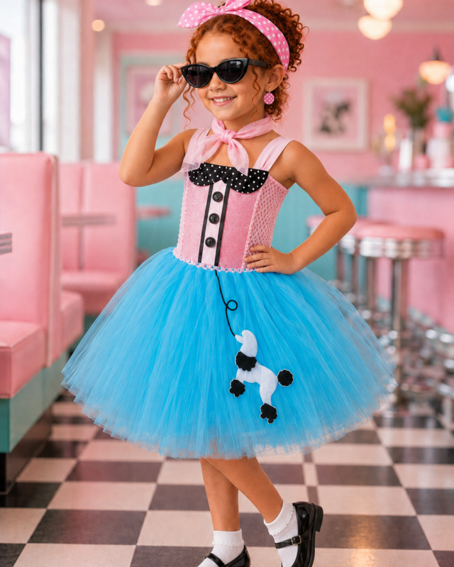 A young girl models a pink and blue poodle-themed costume in a retro-style pink diner. The costume features a pink corset top with black polka-dot trim and buttons, a bright blue tulle skirt with a black-and-white poodle applique, a pink bow headband, and black-and-white socks and shoes.