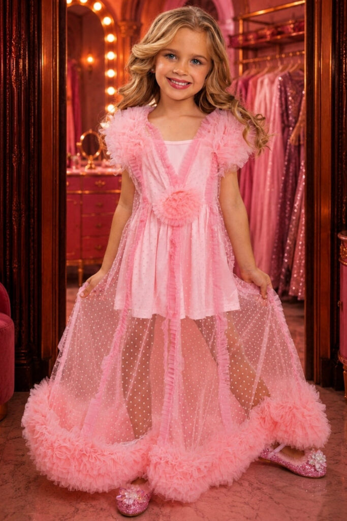 Glinda Inspired Pink Princess Costume for Girls – Magical Bubble Dress 2-Piece Set