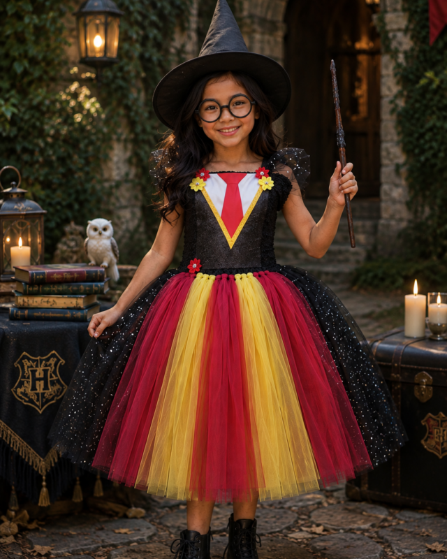 A young girl wearing a Harry Potter-inspired witch costume stands in a stone courtyard. The costume includes a black pointed hat, black bodice with a red and yellow tie detail, and a layered tulle skirt in red, yellow, and black.